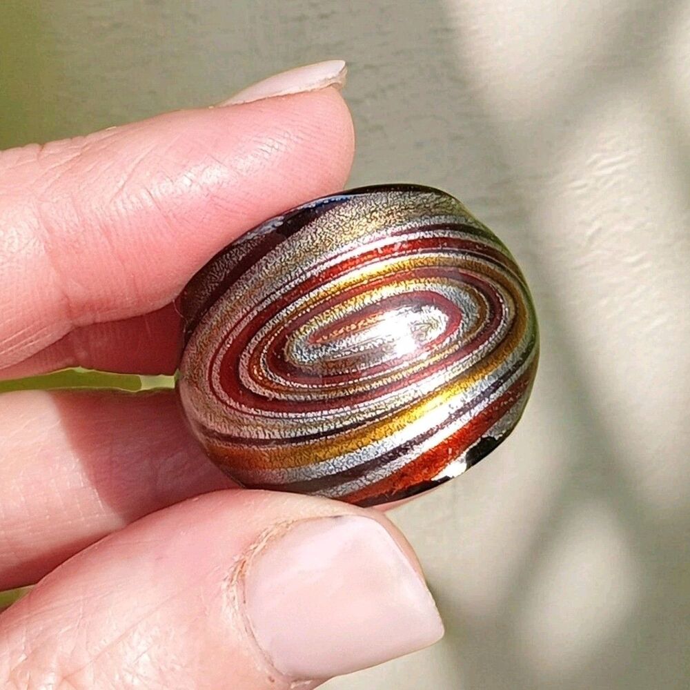 Vintage Murano Ring Size 6.75 Venetian Hand Blown Glass Copper Gold Silver Swirl